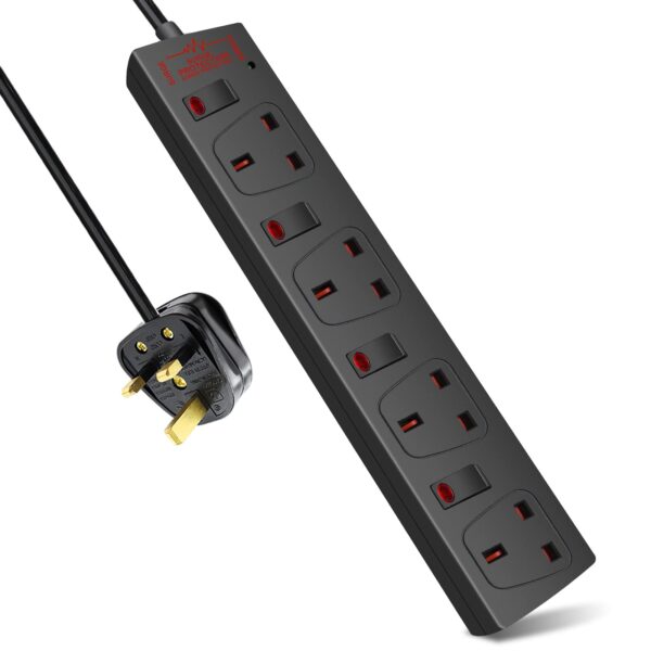 Extension Lead | 4 Way | Black | Surge Proected | 13Amp | 2Mtr Lead